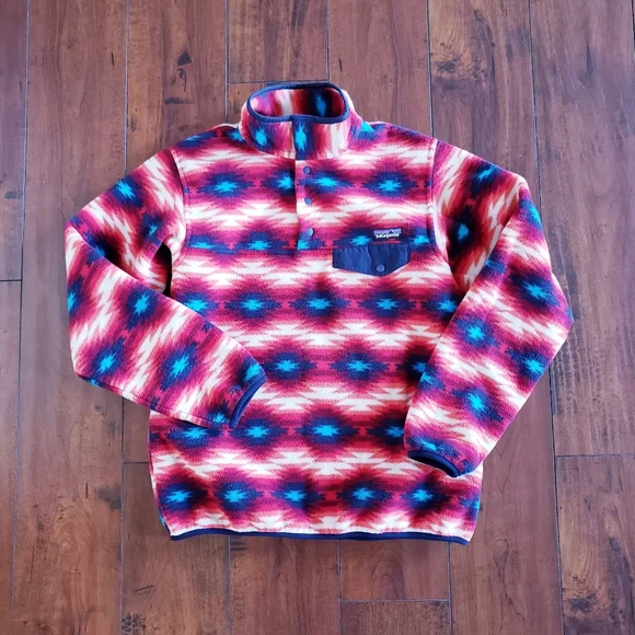 Patagonia Women’s Wild Desert Synchilla Snap T Fleece Pullover Red Aztec Print M - Picture 7 of 16
